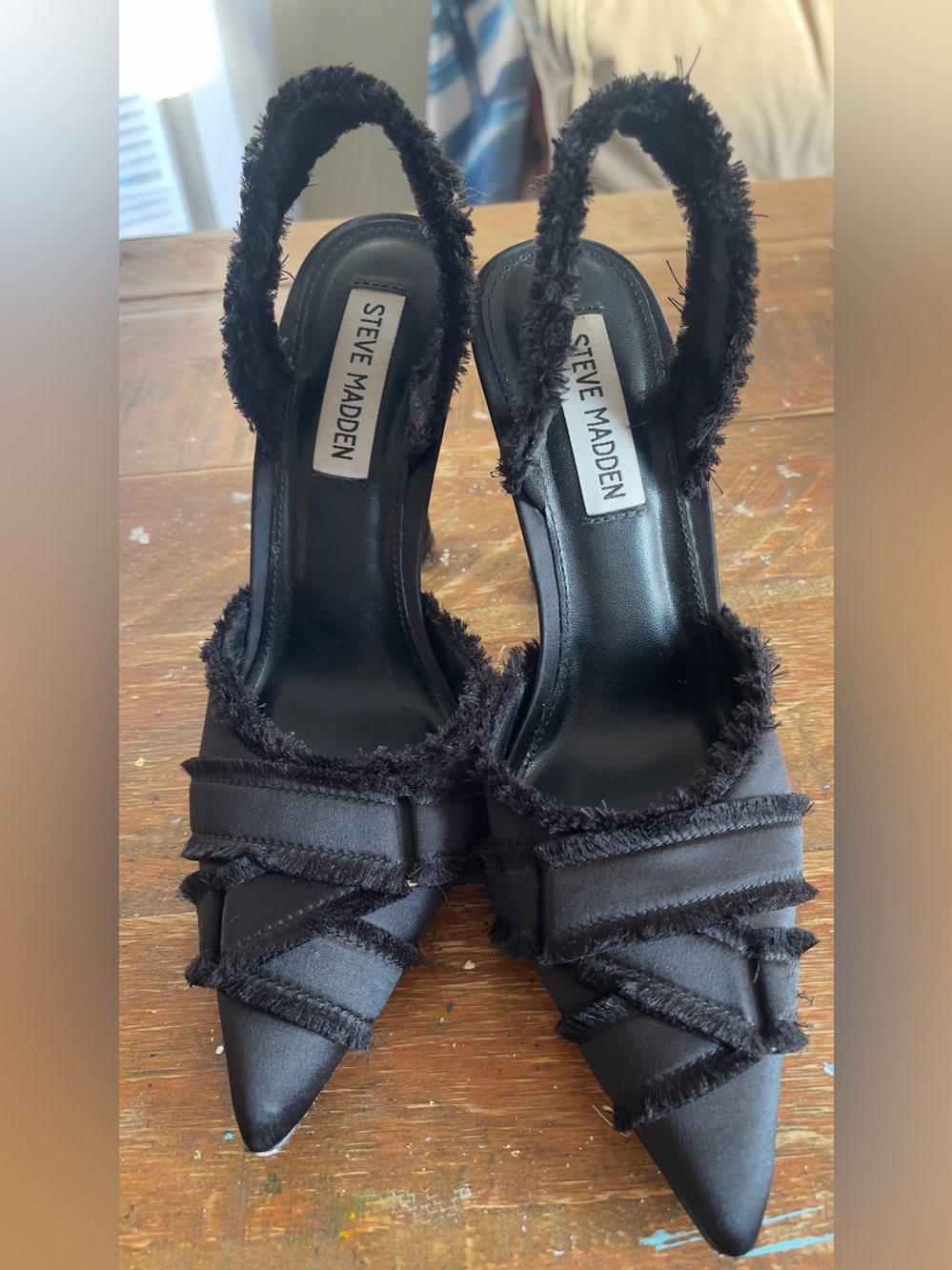 Steve Madden Black Fringed Pointed Toe Slingback Heels